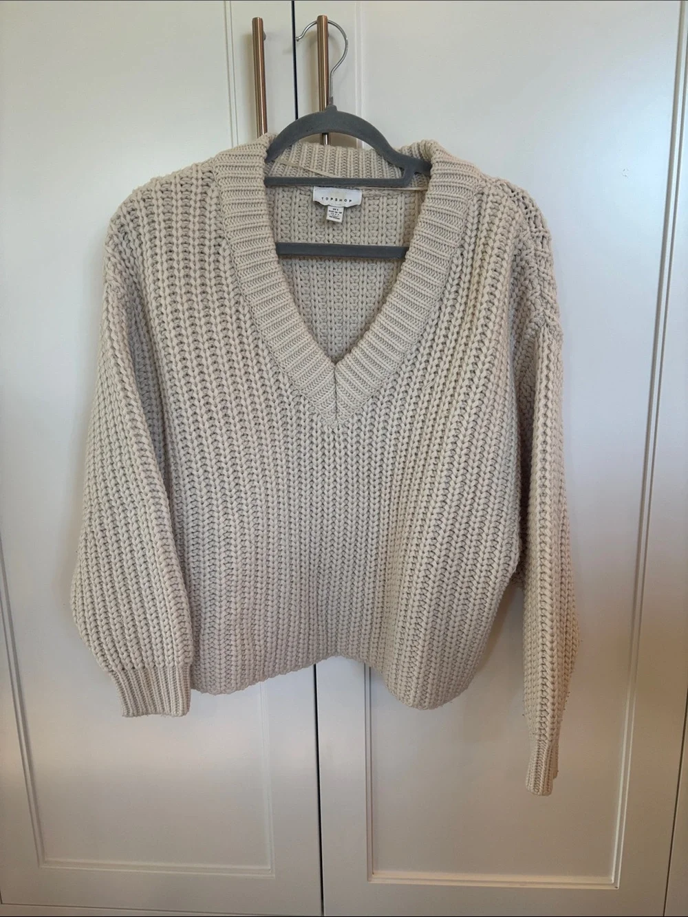 Topshop Ribbed V-Neck Chunky Sweater - Beige